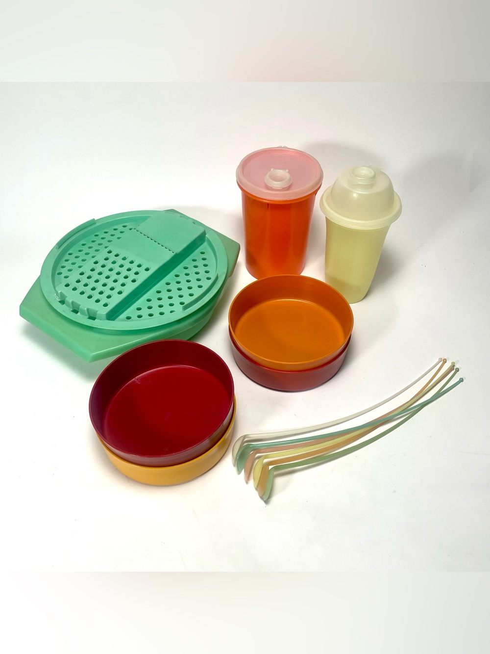 Vintage Tupperware Kitchen Lot Green Grater Yellow Shaker Bowls Spoons Canister
